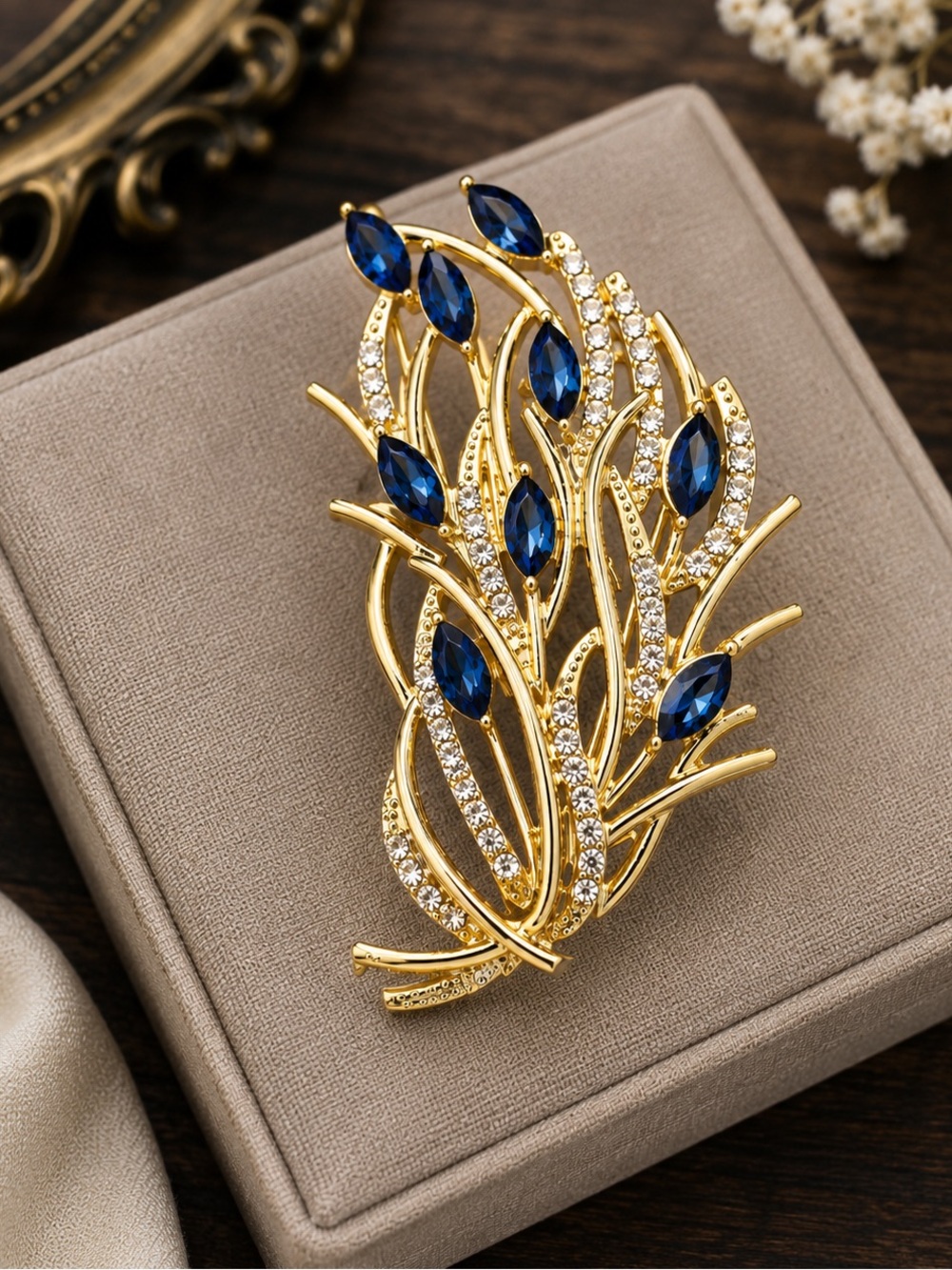 Elegant Gold Tone Blue Crystal Botanical Brooch Statement Pin